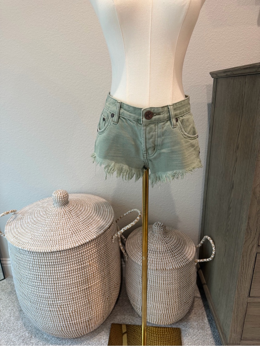 One Teaspoon Bonitas Frayed Hem Sage Green Denim Cutoff Shorts